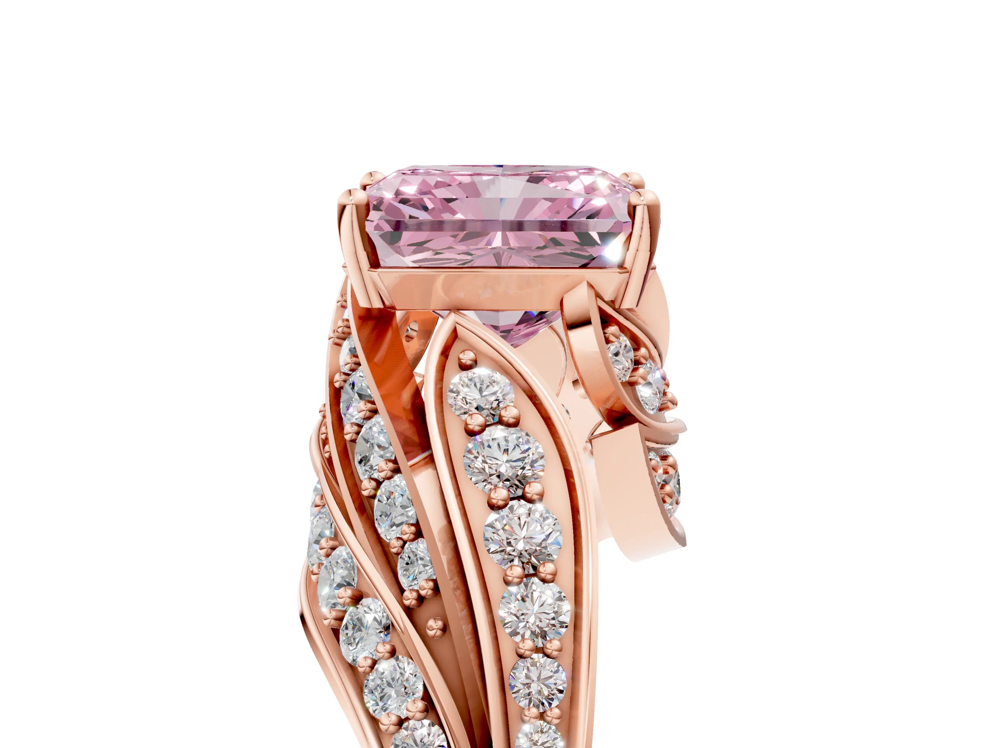 Rose gold Fancy Pink Radiant Cut Diamond Solitaire Ring with Prong Setting and Twisted Pavé Band_5