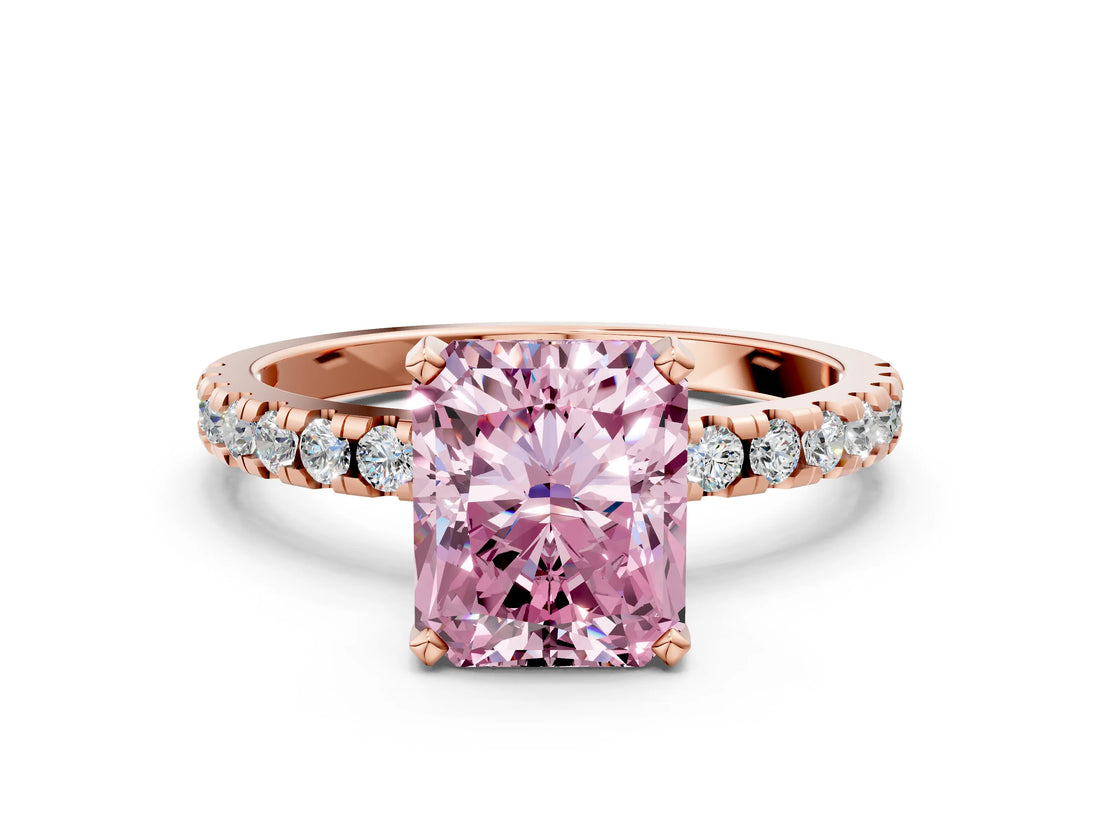 Rose gold Fancy Pink Radiant Cut Diamond Solitaire Ring with Round  Pavé Band and Four-Prong Setting_48