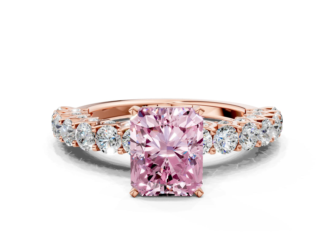Rose gold Fancy Pink Radiant Cut Diamond Solitaire Ring with Shared Prong Pavé Band and Four-Prong Setting_58