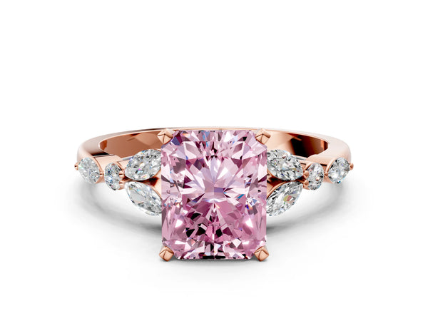 Rose gold Fancy Pink Radiant Cut Diamond Solitaire Ring with Side Stones and Four-Prong Setting