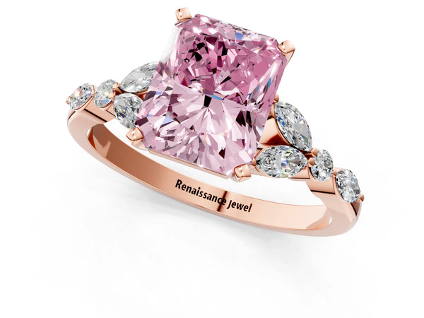 Rose gold Fancy Pink Radiant Cut Diamond Solitaire Ring with Side Stones and Four-Prong Setting