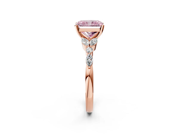 Rose gold Fancy Pink Radiant Cut Diamond Solitaire Ring with Side Stones and Four-Prong Setting