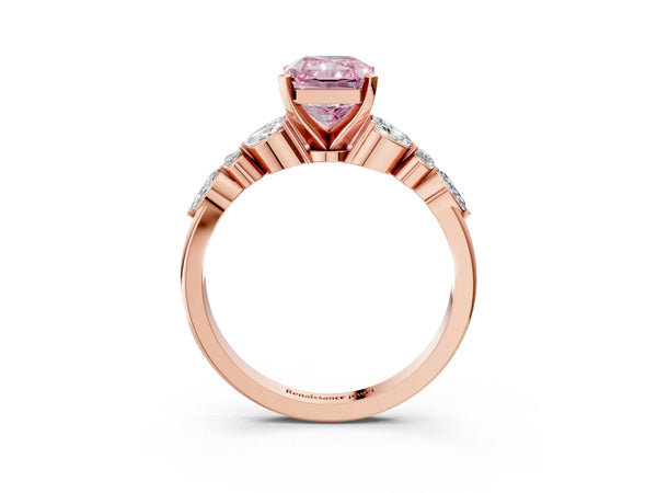 Rose gold Fancy Pink Radiant Cut Diamond Solitaire Ring with Side Stones and Four-Prong Setting