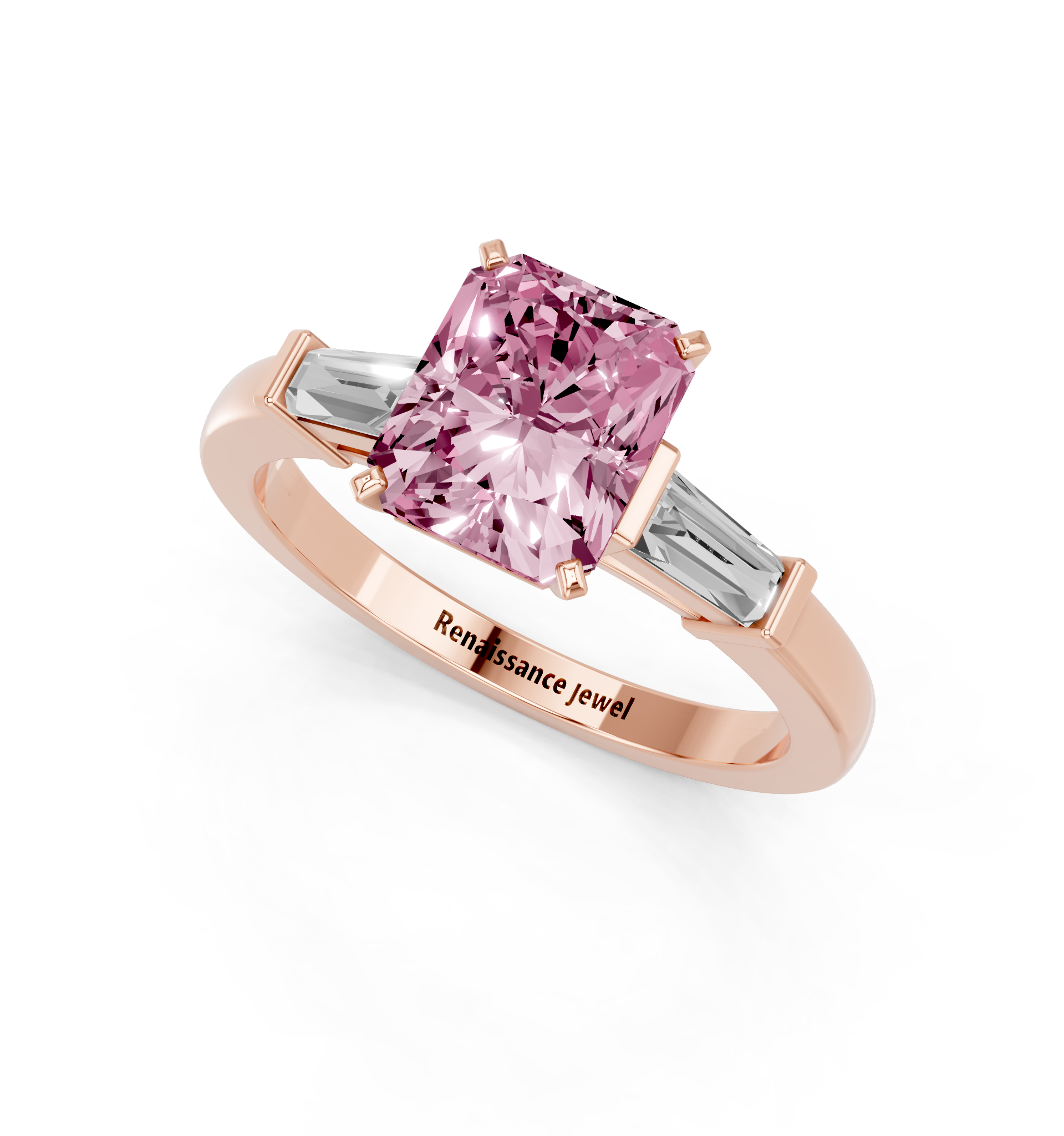 Rose gold Fancy Pink Radiant  Cut Diamond Solitaire Ring with Tapered Baguette Accents and Four-Prong Setting_3