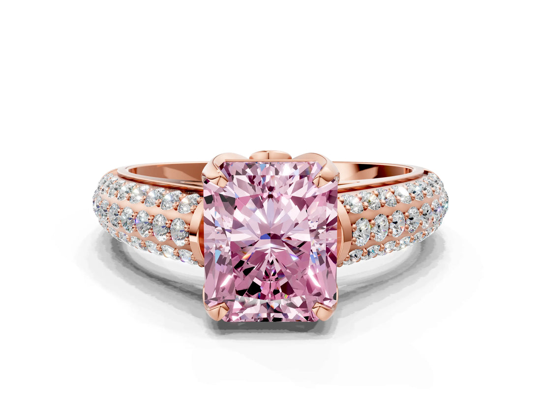 Rose gold Fancy Pink Radiant Cut Diamond Solitaire Ring with Three-Row Pavé Band and Four-Prong Setting_37