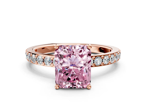 Rose gold Fancy Pink Radiant  Cut Diamond Solitaire with Pave Band and Four-Prong Setting