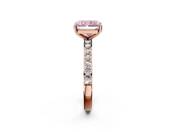 Rose gold Fancy Pink Radiant  Cut Diamond Solitaire with Pave Band and Four-Prong Setting