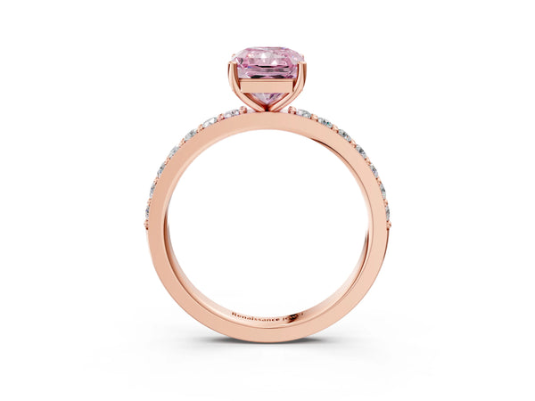 Rose gold Fancy Pink Radiant  Cut Diamond Solitaire with Pave Band and Four-Prong Setting