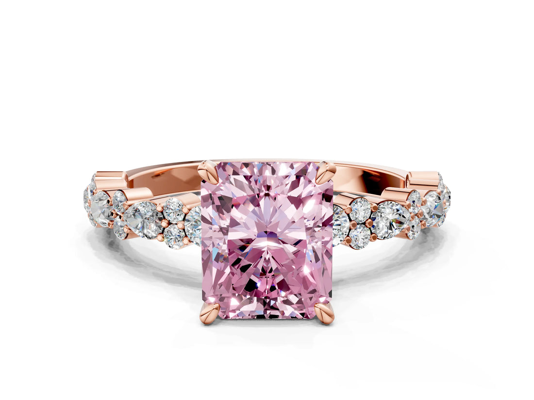 Rose gold Fancy Pink Radiant Cut Diamond Solitaire with Side Stones, Pave Band, Four-Prong Setting_103