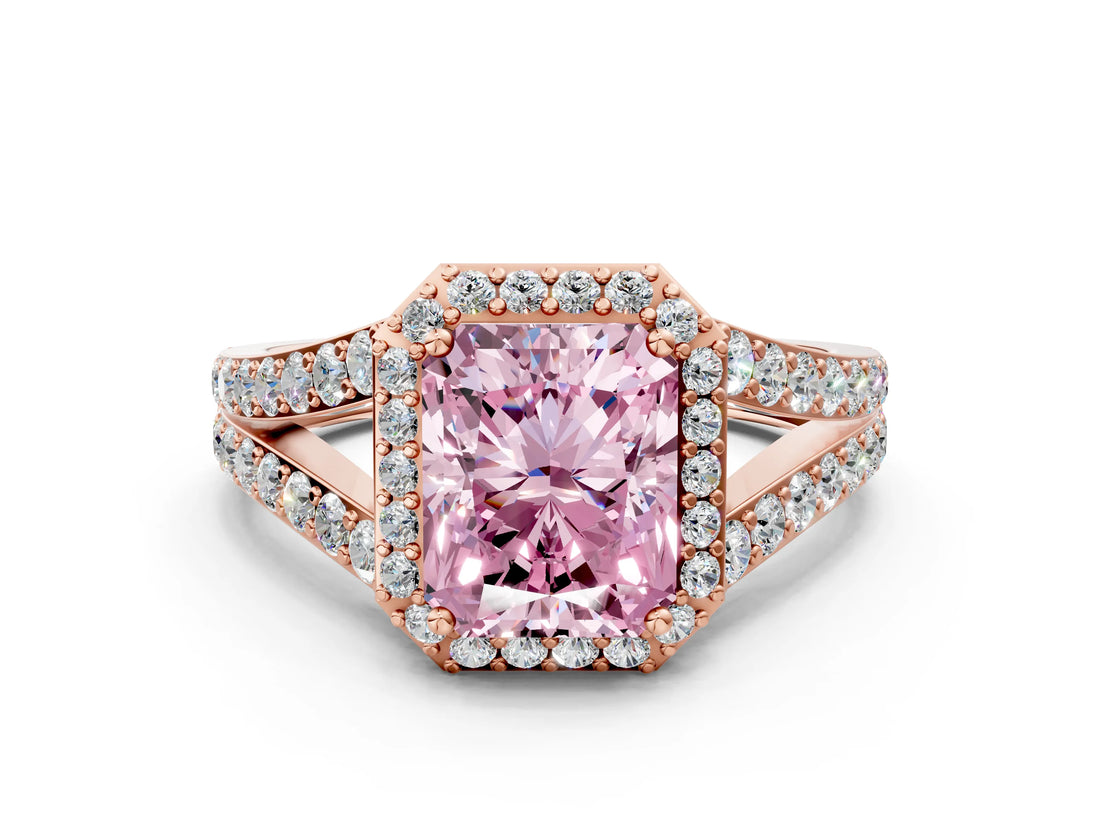 Rose gold Fancy Pink Radiant Cut Diamond Split Shank Halo Ring with Four-Prong Setting_57