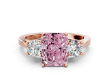 Rose gold Fancy Pink Radiant Cut Diamond Three-Stone Engagement Ring with Prong Setting and Pavé Band
