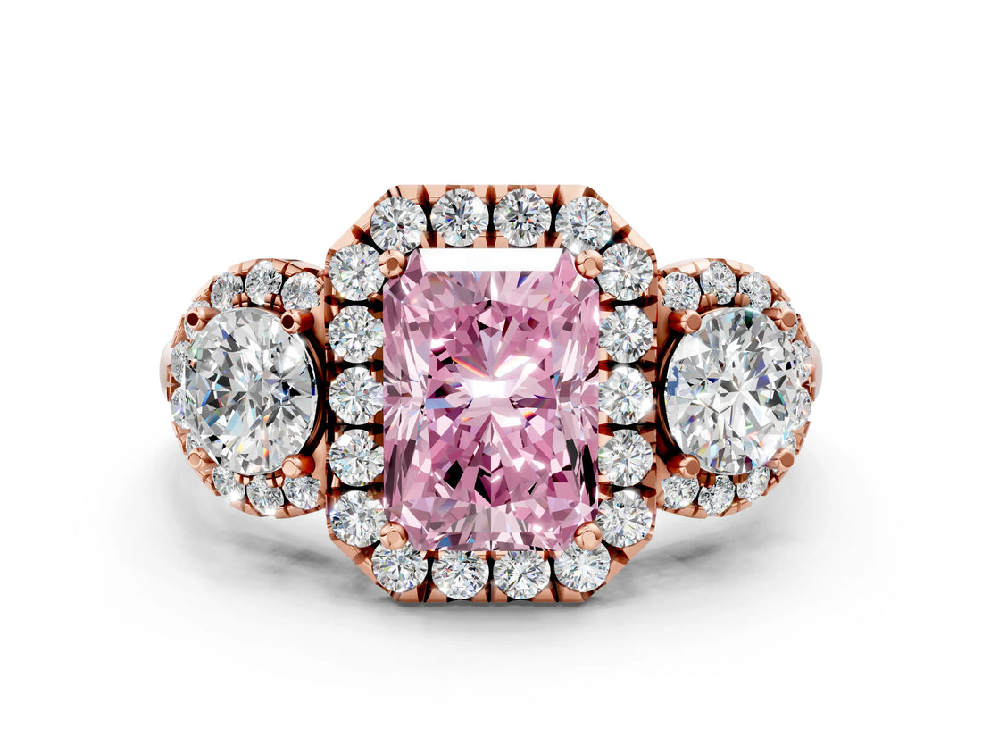 Rose gold Fancy Pink Radiant Cut Diamond Three-Stone Halo Ring with Prong Setting and Pavé Accents