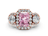 Rose gold Fancy Pink Radiant Cut Diamond Three-Stone Halo Ring with Prong Setting and Pavé Accents