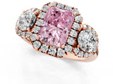 Rose gold Fancy Pink Radiant Cut Diamond Three-Stone Halo Ring with Prong Setting and Pavé Accents_1