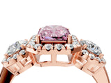 Rose gold Fancy Pink Radiant Cut Diamond Three-Stone Halo Ring with Prong Setting and Pavé Accents_4