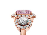 Rose gold Fancy Pink Radiant Cut Diamond Three-Stone Halo Ring with Prong Setting and Pavé Accents_5
