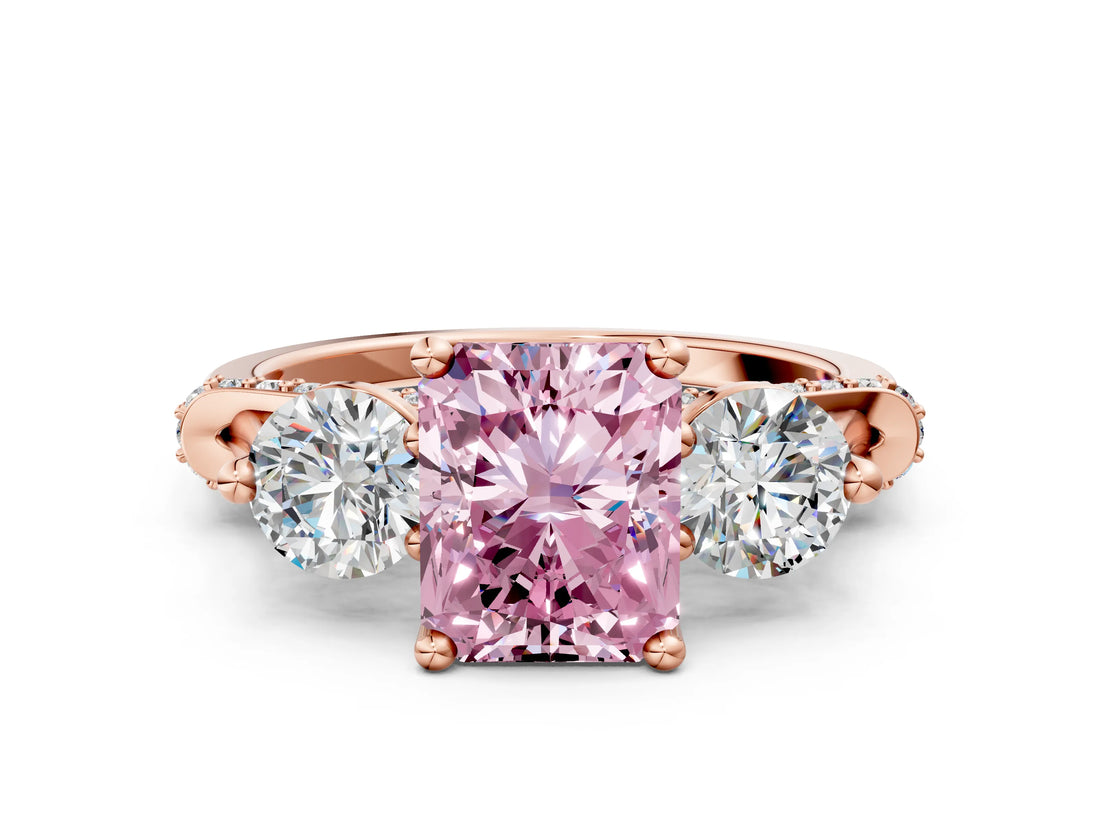Rose gold Fancy Pink Radiant Cut Diamond Three-Stone Ring with Prong Setting and Pavé Band