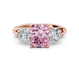 Rose gold Fancy Pink Radiant Cut Diamond Three-Stone Ring with Prong Setting and Pavé Band