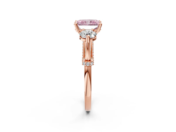 Rose Gold Radiant Cut Curved Pave Three Stone Engagement Ring Setting for Fancy Pink Center