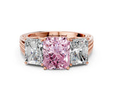 Rose gold Fancy Pink Radiant Cut Diamond Three-Stone Ring with Prong Setting and Textured Band_12