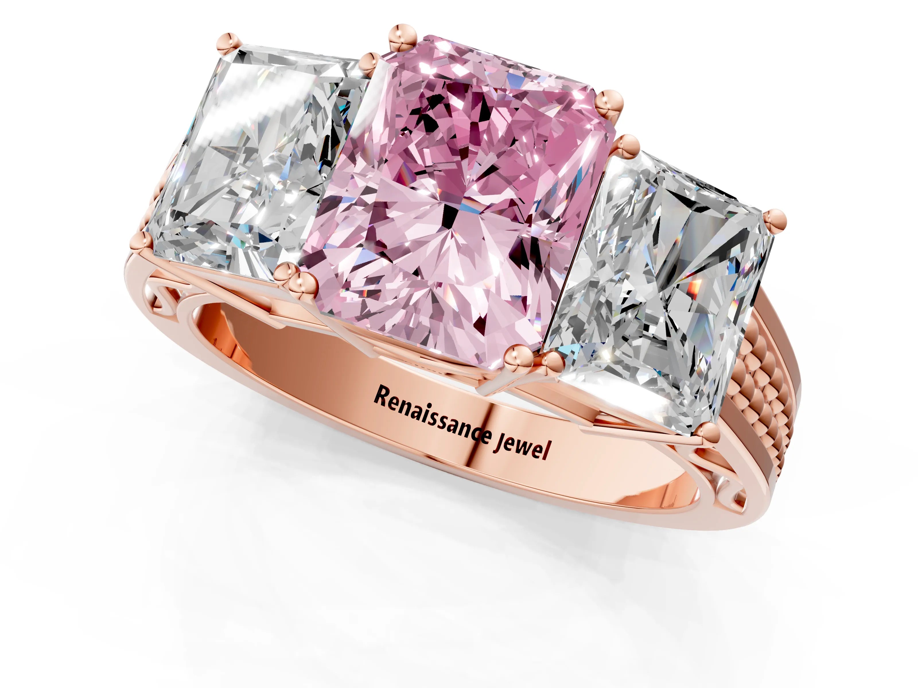Rose gold Fancy Pink Radiant Cut Diamond Three-Stone Ring with Prong Setting and Textured Band_13