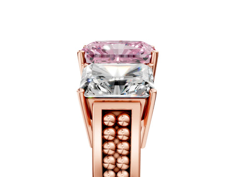 Rose gold Fancy Pink Radiant Cut Diamond Three-Stone Ring with Prong Setting and Textured Band_17