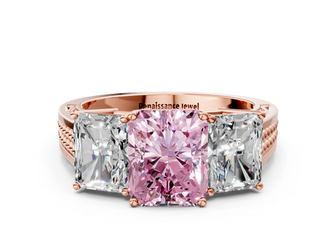 Rose gold Fancy Pink Radiant Cut Diamond Three-Stone Ring with Prong Setting and Textured Band_24