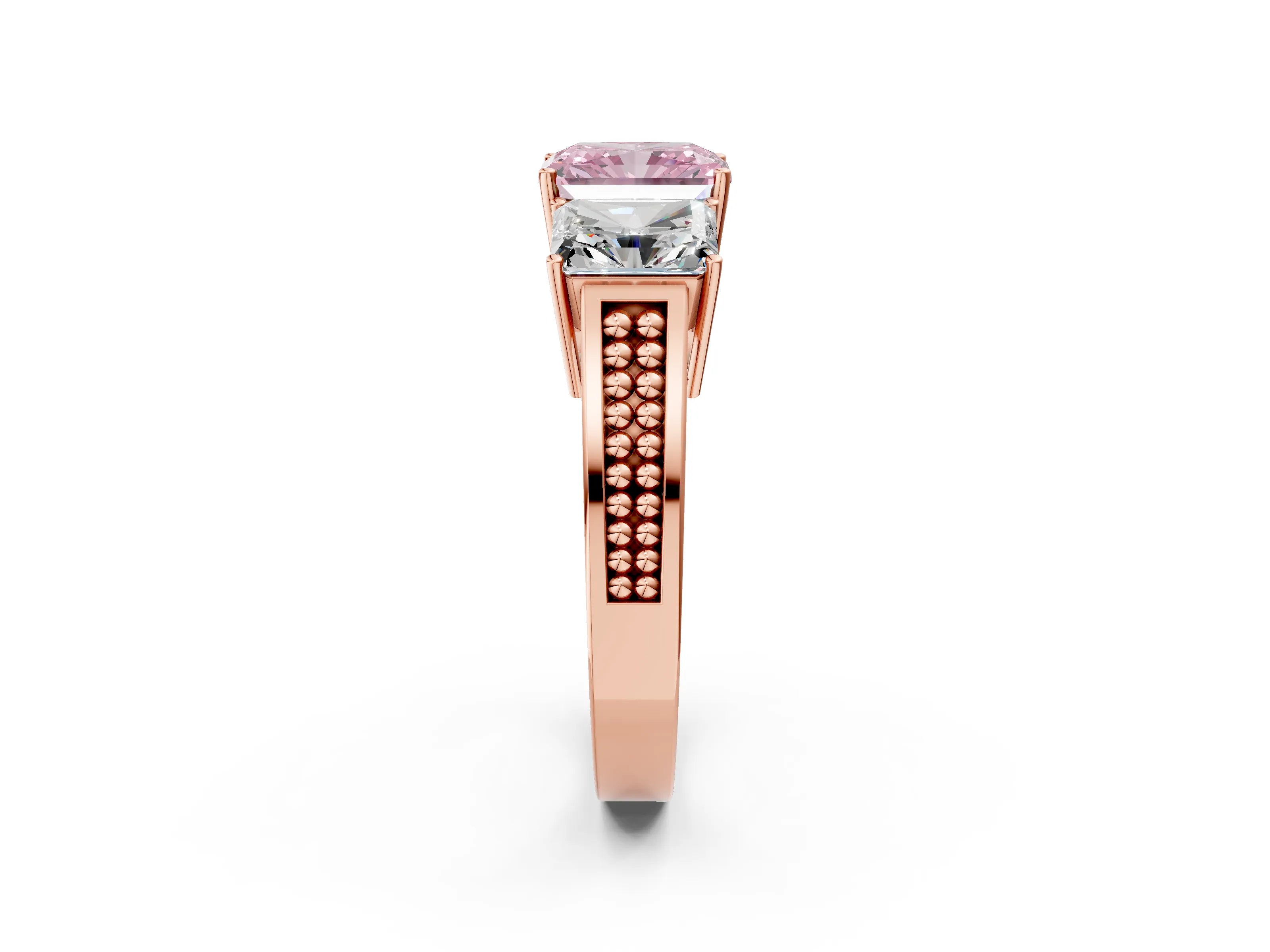 Rose gold Fancy Pink Radiant Cut Diamond Three-Stone Ring with Prong Setting and Textured Band_26