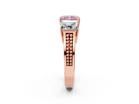 Rose gold Fancy Pink Radiant Cut Diamond Three-Stone Ring with Prong Setting and Textured Band_26
