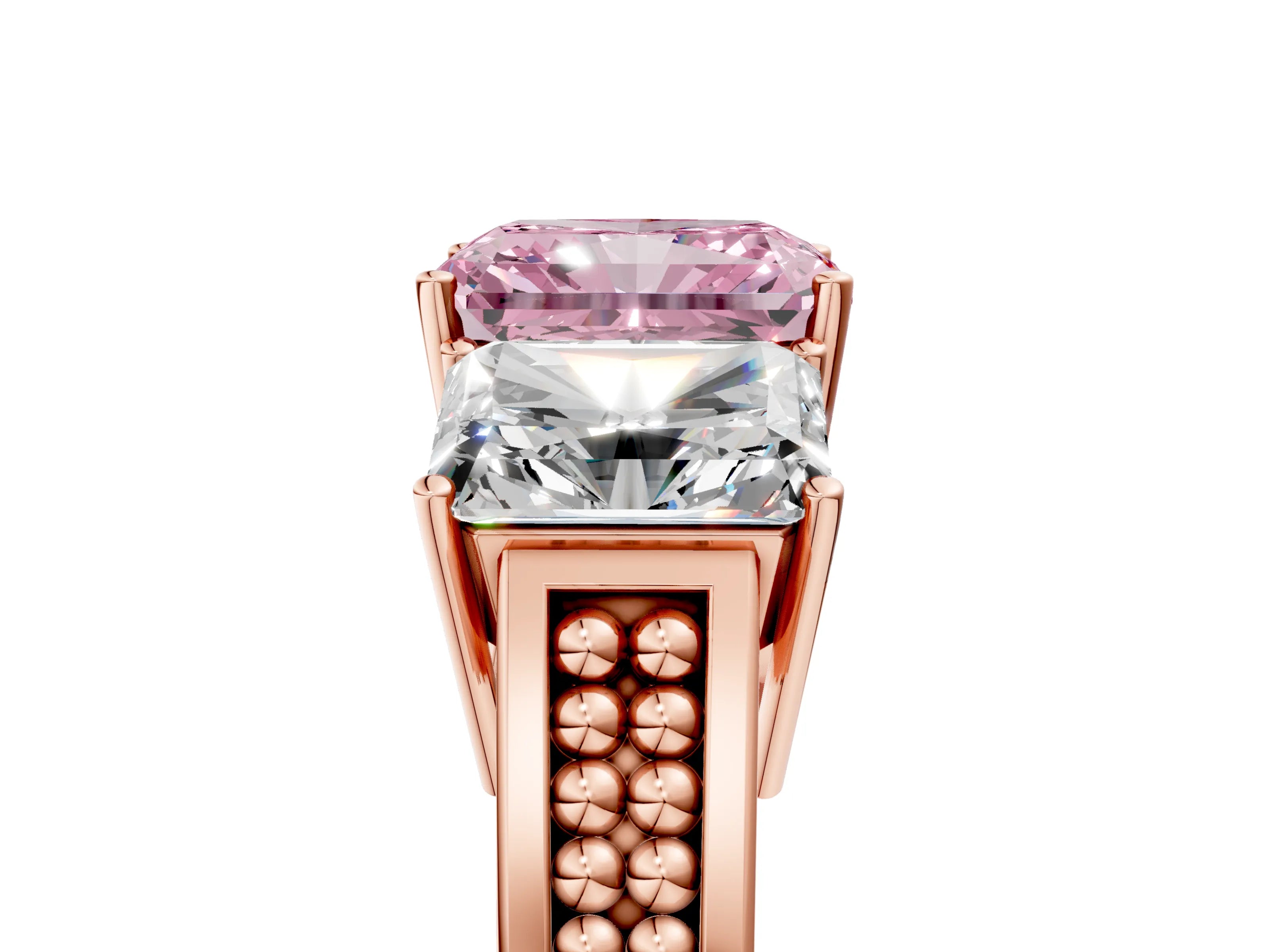 Rose gold Fancy Pink Radiant Cut Diamond Three-Stone Ring with Prong Setting and Textured Band_5