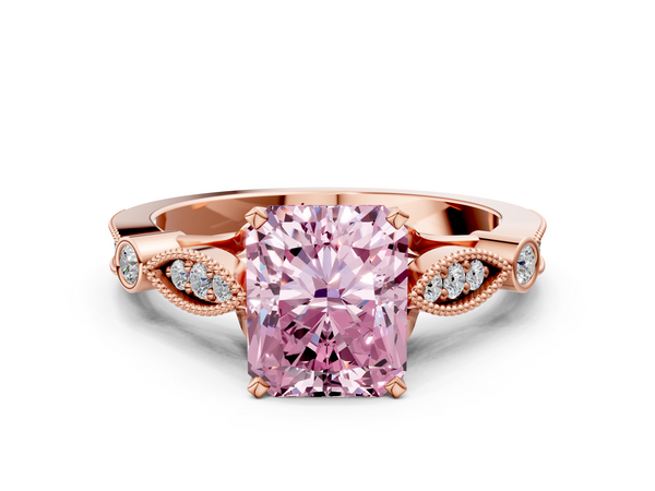Rose gold Fancy Pink Radiant  Cut Diamond with Milgrain Marquise and Bezel Accents on a Solitaire Band with Prong Setting