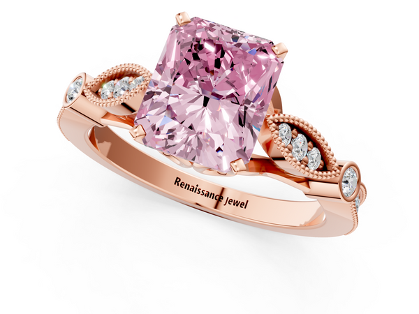 Rose gold Fancy Pink Radiant  Cut Diamond with Milgrain Marquise and Bezel Accents on a Solitaire Band with Prong Setting