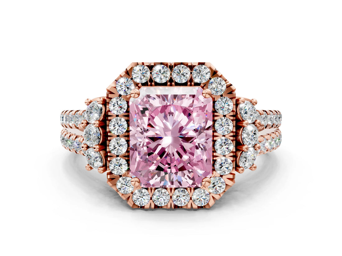 Rose gold Fancy Pink Radiant  Cut Double Halo Diamond Engagement Ring with Pave Band and Four-Prong Setting_43