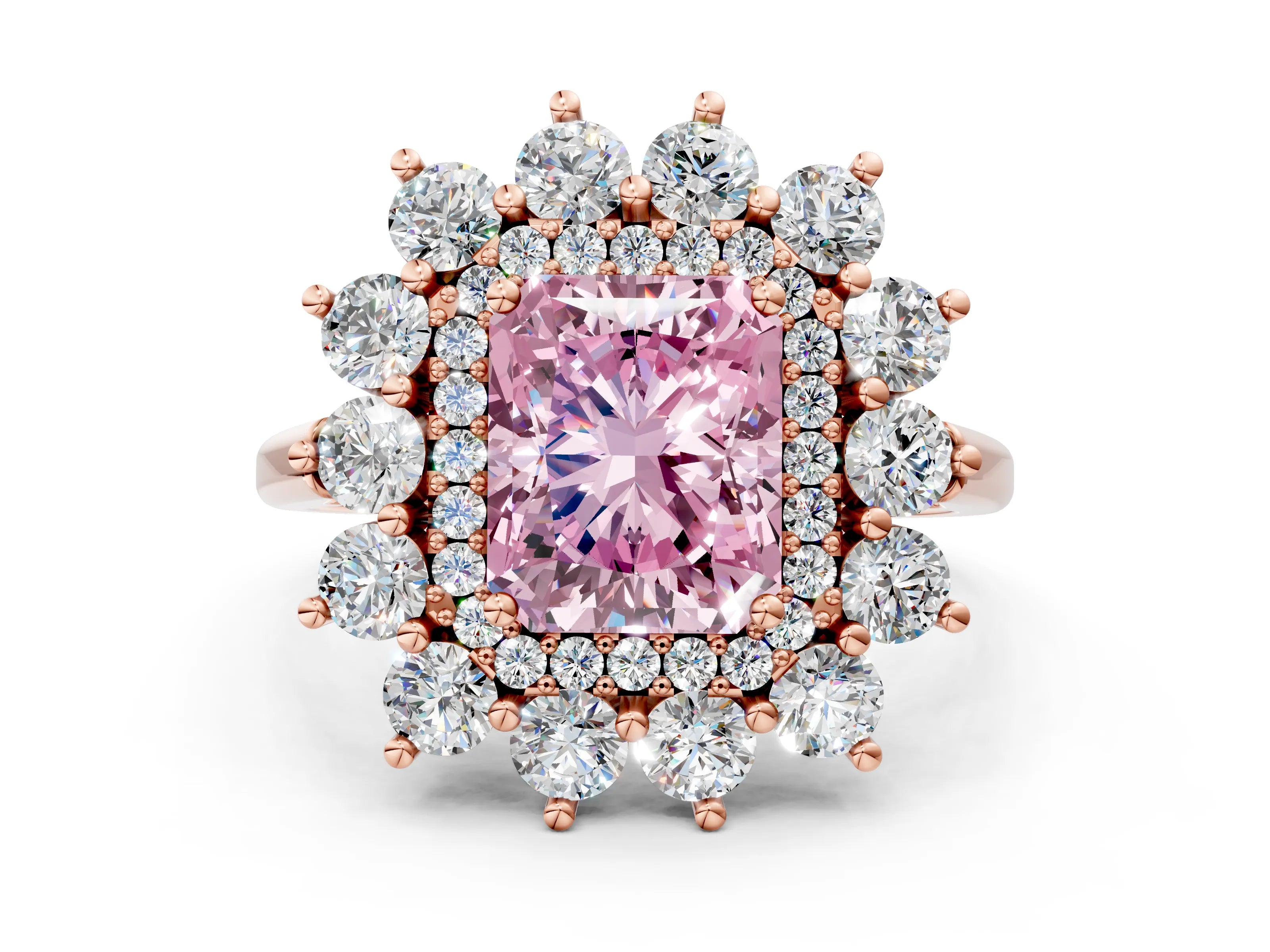 Rose gold Fancy Pink Radiant Cut Halo Cluster Diamond Ring with Pave Band and Four-Prong Setting