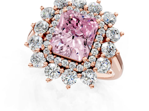 Rose gold Fancy Pink Radiant Cut Halo Cluster Diamond Ring with Pave Band and Four-Prong Setting_1
