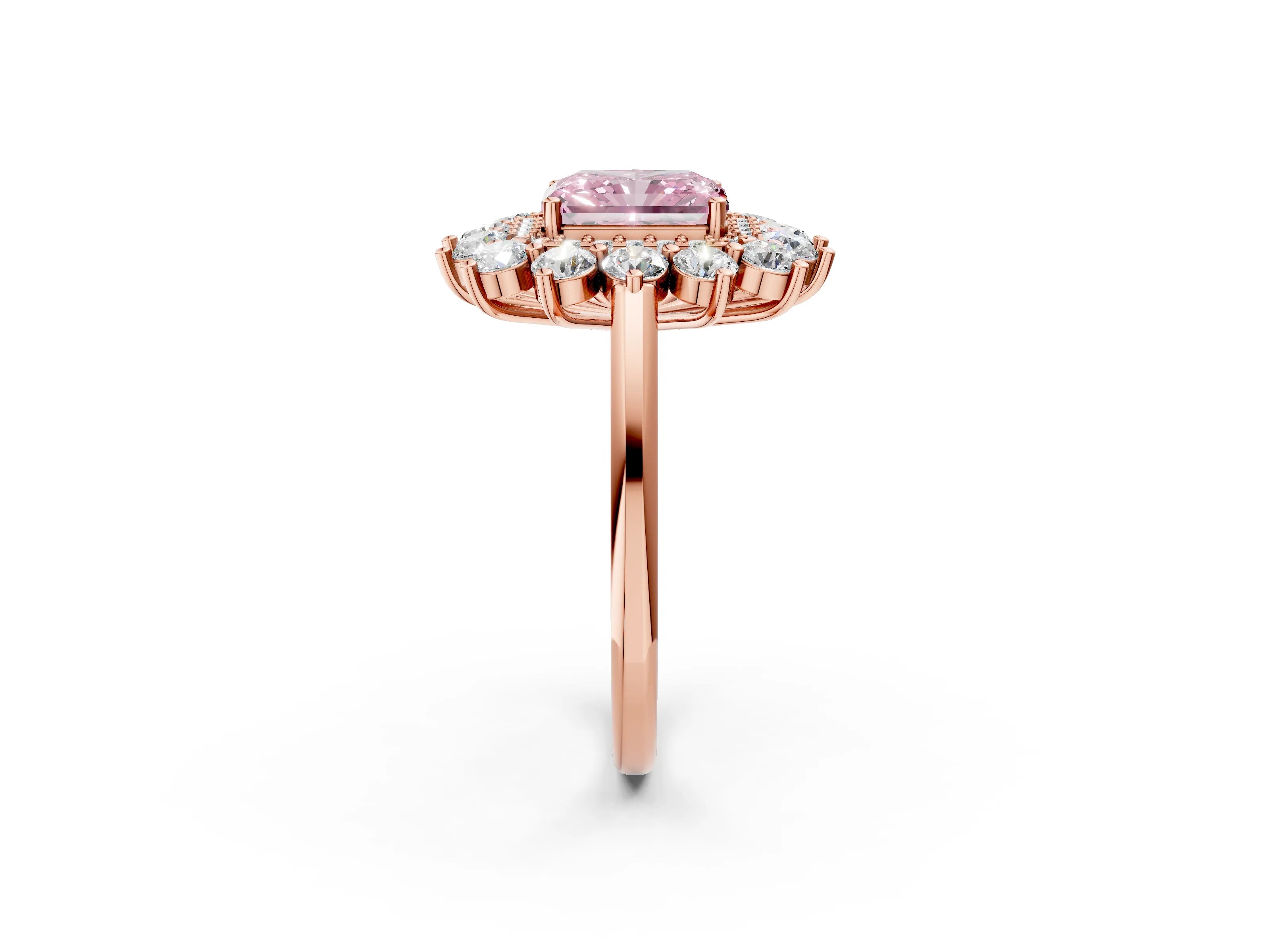 Rose gold Fancy Pink Radiant Cut Halo Cluster Diamond Ring with Pave Band and Four-Prong Setting_2