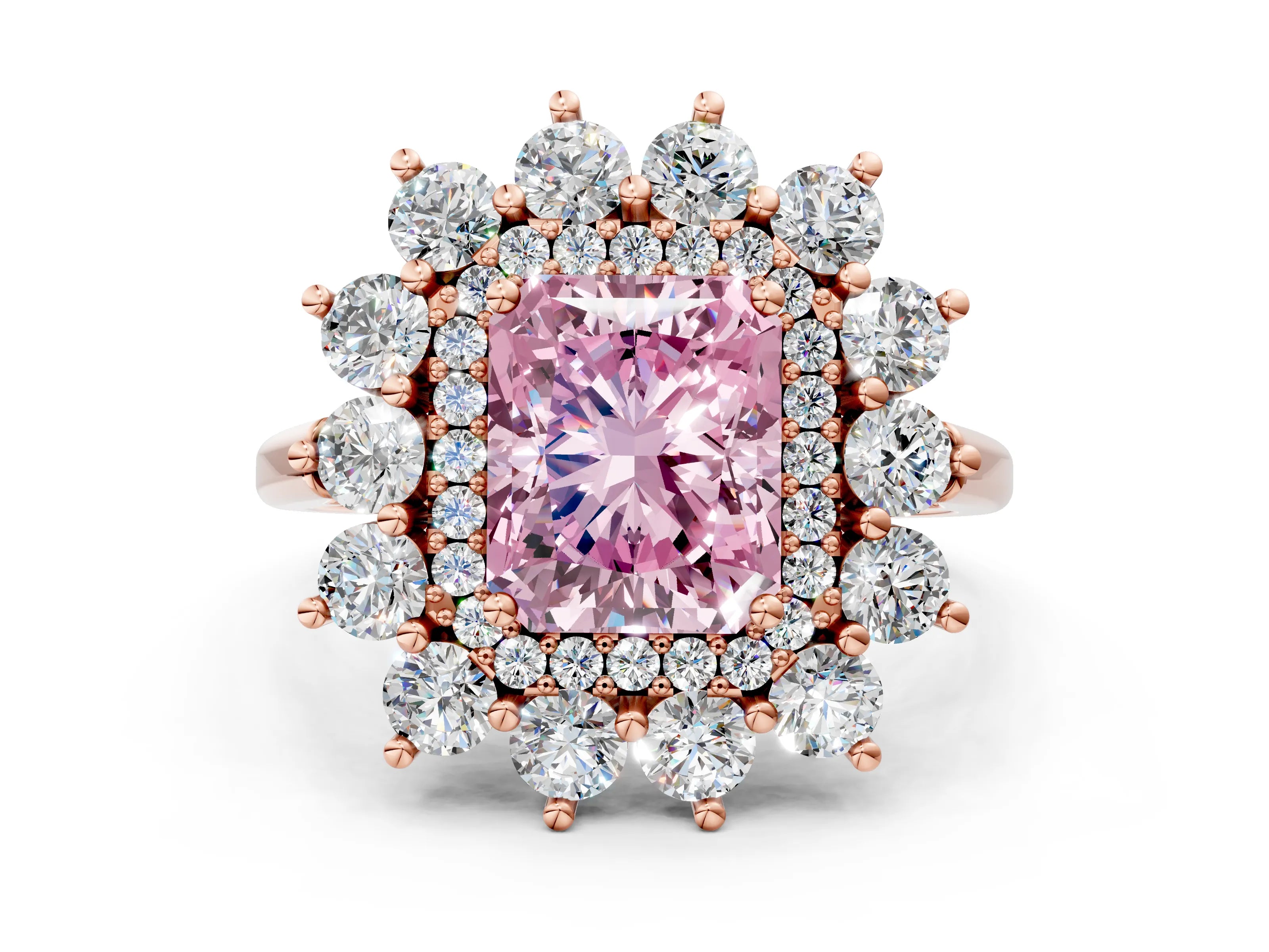 Rose gold Fancy Pink Radiant Cut Halo Cluster Diamond Ring with Pave Band and Four-Prong Setting_24