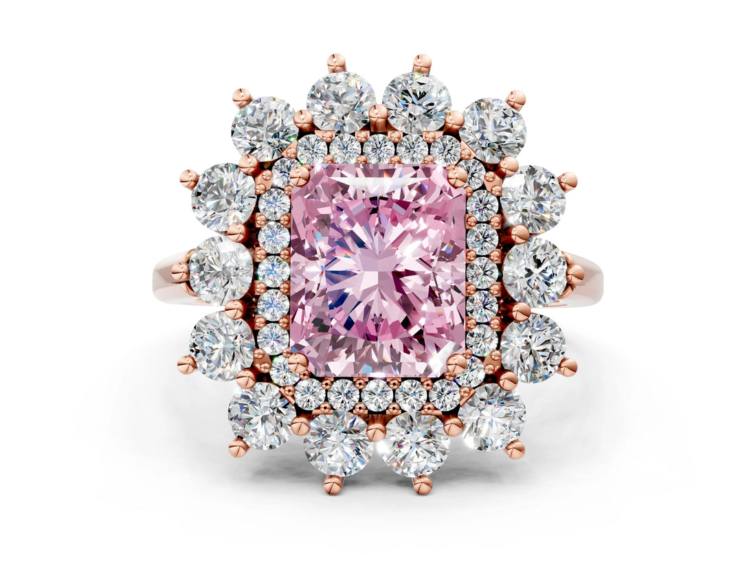 Rose gold Fancy Pink Radiant Cut Halo Cluster Diamond Ring with Pave Band and Four-Prong Setting_24