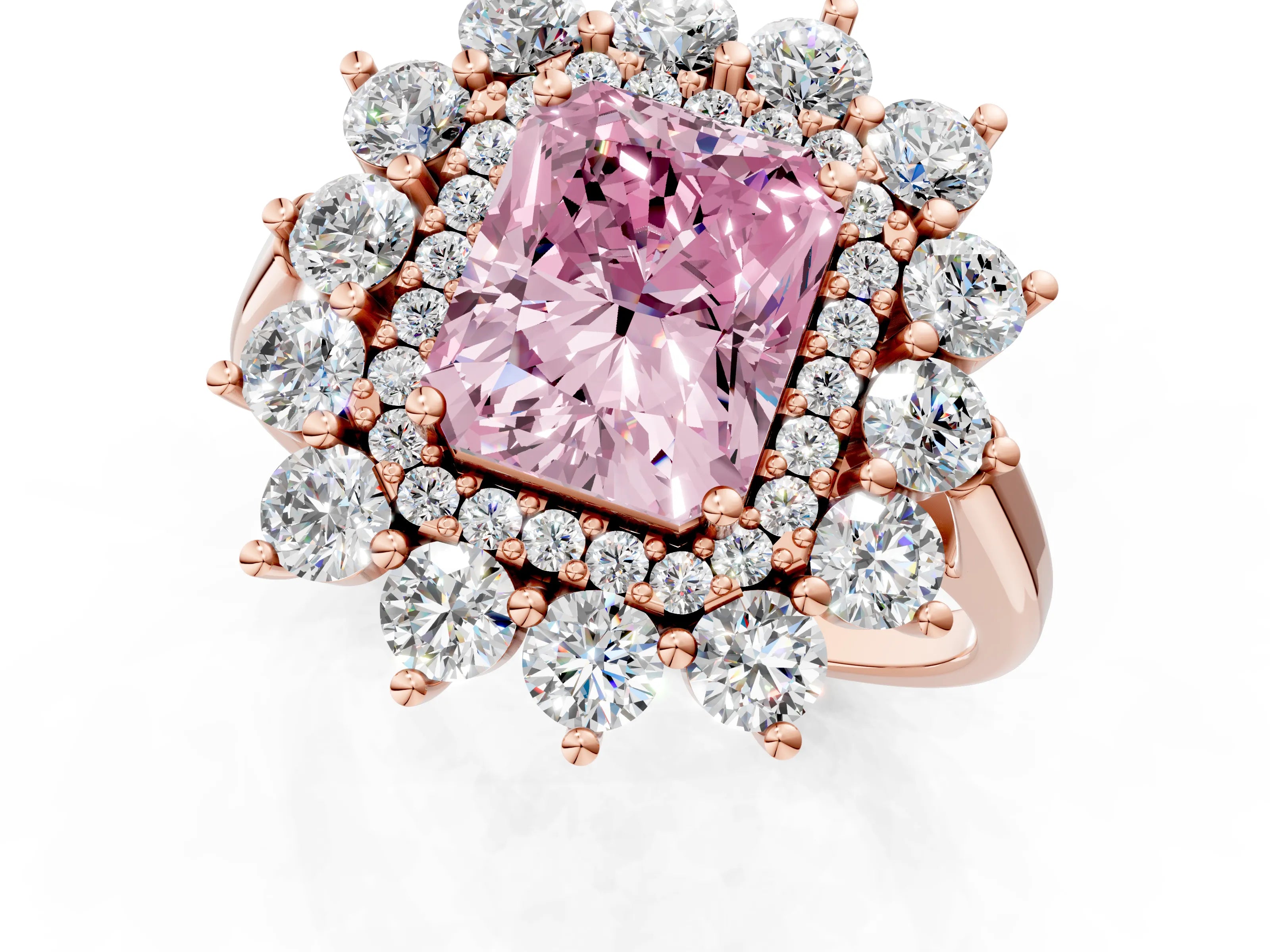 Rose gold Fancy Pink Radiant Cut Halo Cluster Diamond Ring with Pave Band and Four-Prong Setting_25