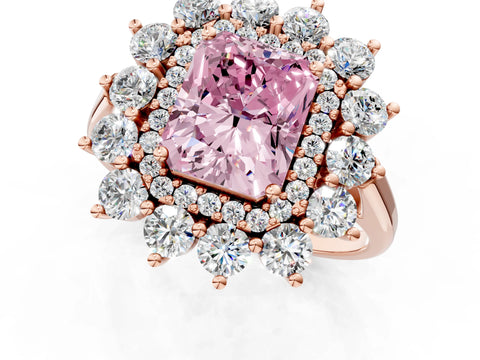 Rose gold Fancy Pink Radiant Cut Halo Cluster Diamond Ring with Pave Band and Four-Prong Setting_25