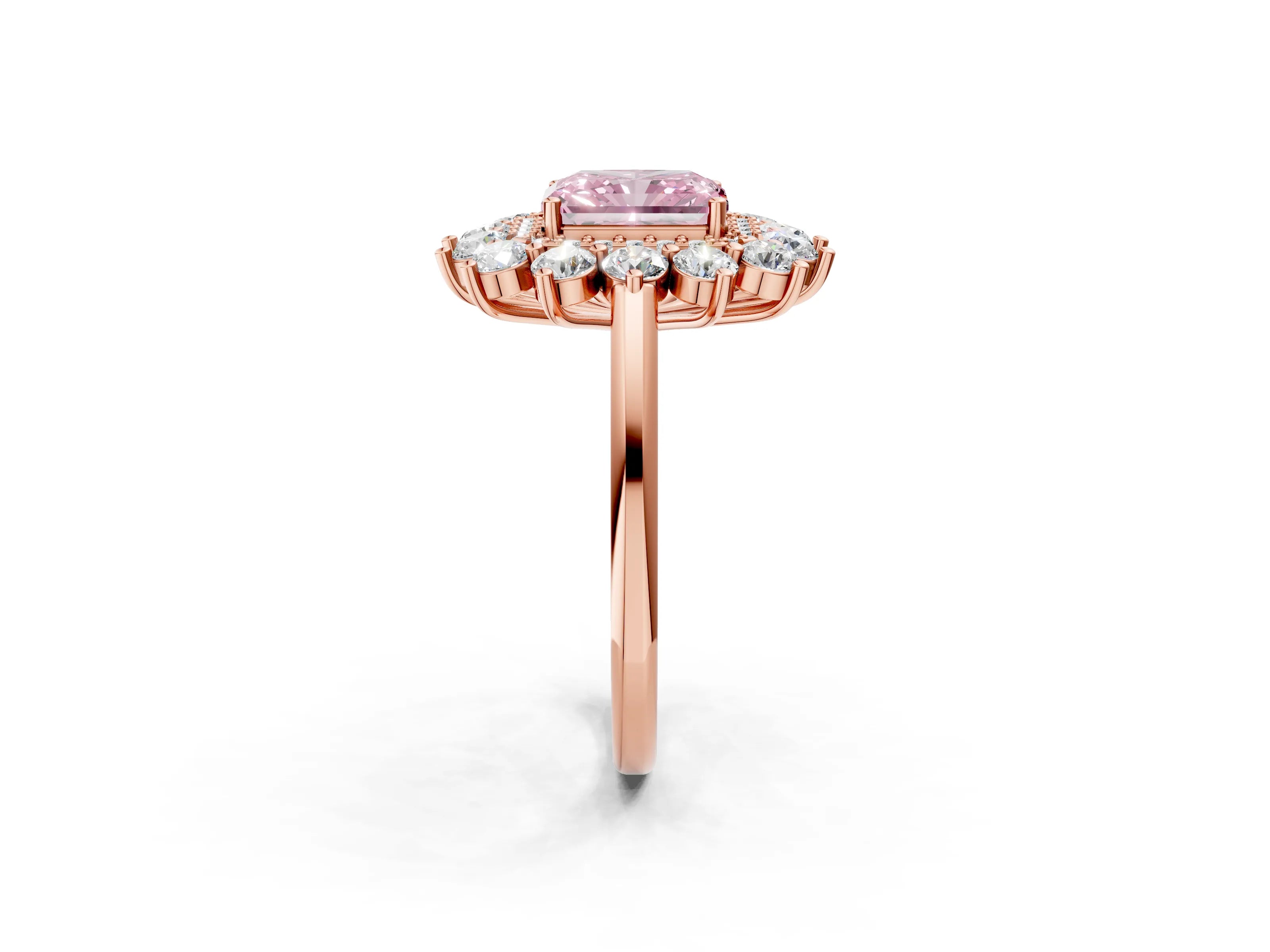 Rose gold Fancy Pink Radiant Cut Halo Cluster Diamond Ring with Pave Band and Four-Prong Setting_26