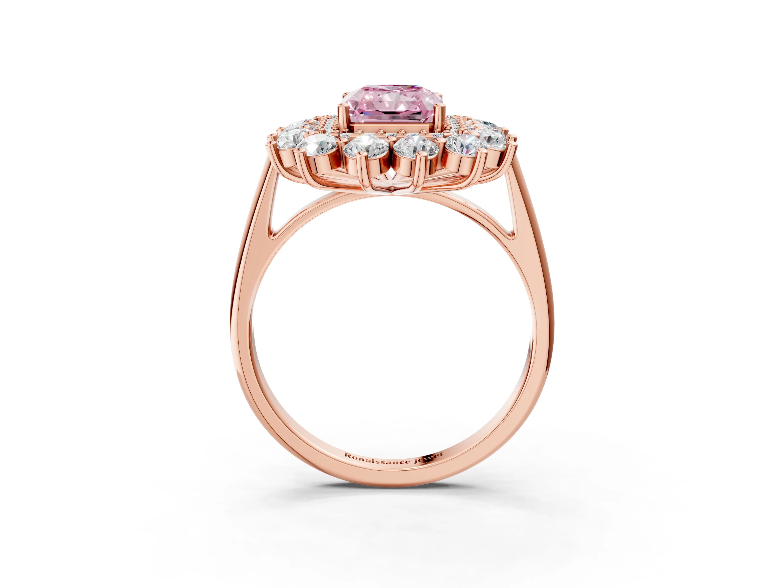 Rose gold Fancy Pink Radiant Cut Halo Cluster Diamond Ring with Pave Band and Four-Prong Setting_27