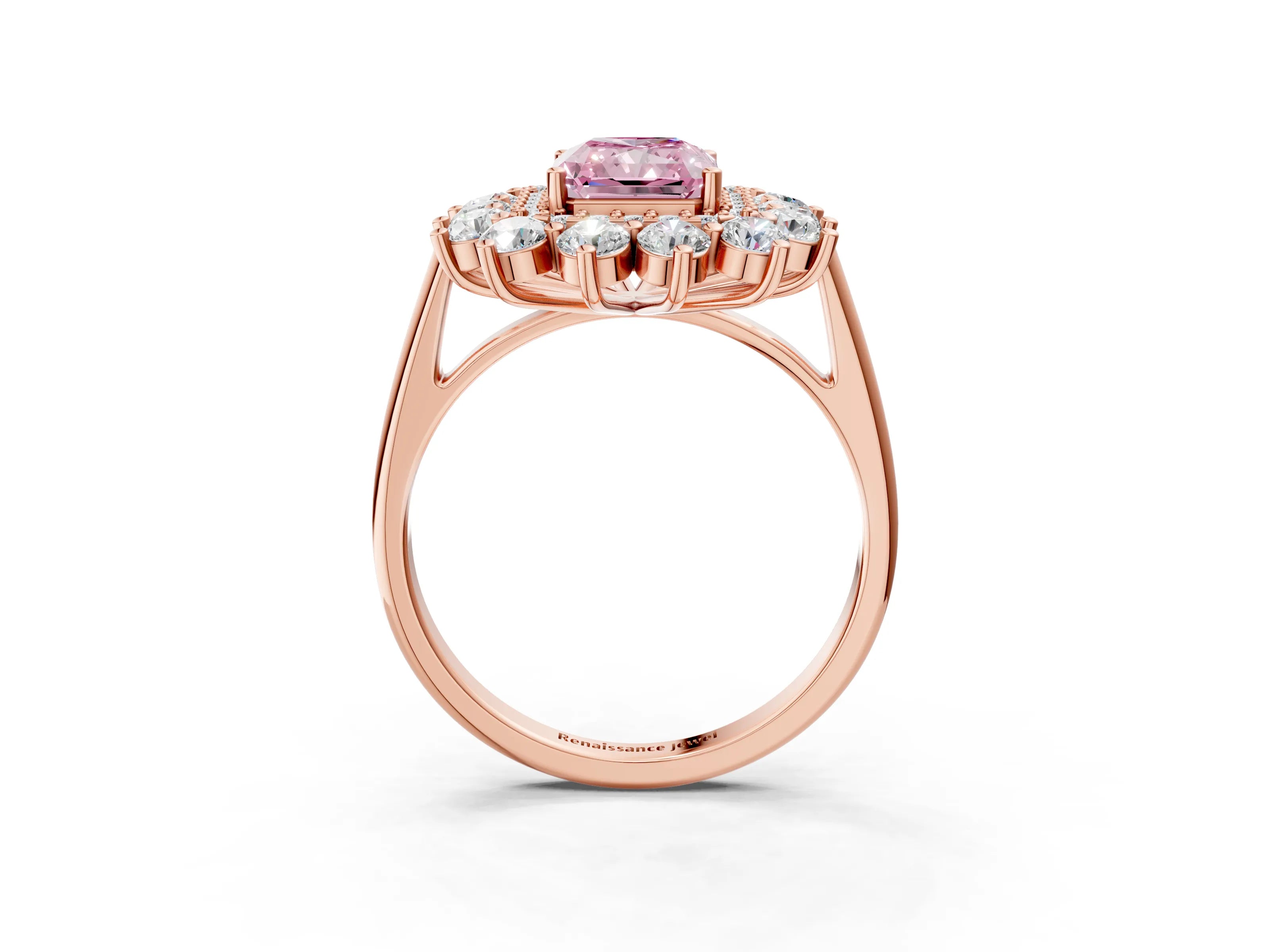 Rose gold Fancy Pink Radiant Cut Halo Cluster Diamond Ring with Pave Band and Four-Prong Setting_3