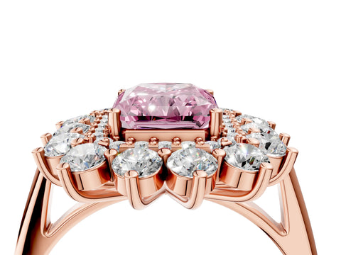 Rose gold Fancy Pink Radiant Cut Halo Cluster Diamond Ring with Pave Band and Four-Prong Setting_4
