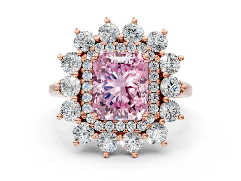 Rose gold Fancy Pink Radiant Cut Halo Cluster Diamond Ring with Pave Band and Four-Prong Setting