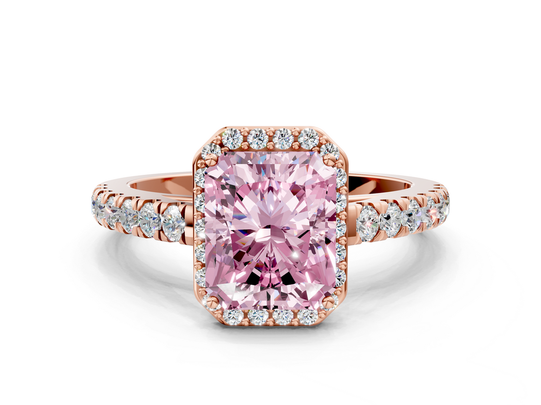 Rose gold Fancy Pink Radiant  Cut Halo Diamond Engagement Ring with Pave Band and Four-Prong Setting_28
