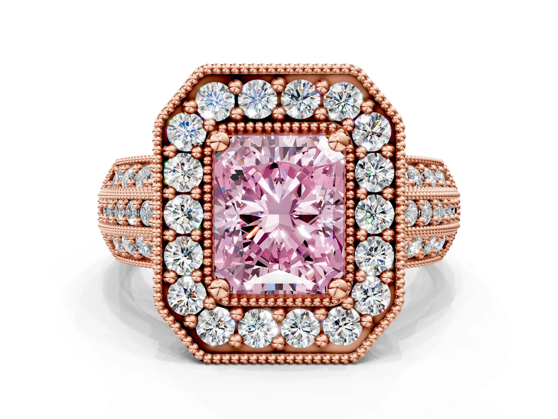 Rose gold Fancy Pink Radiant Cut Halo Diamond Engagement Ring with Pave Split Shank and Four-Prong Setting_12