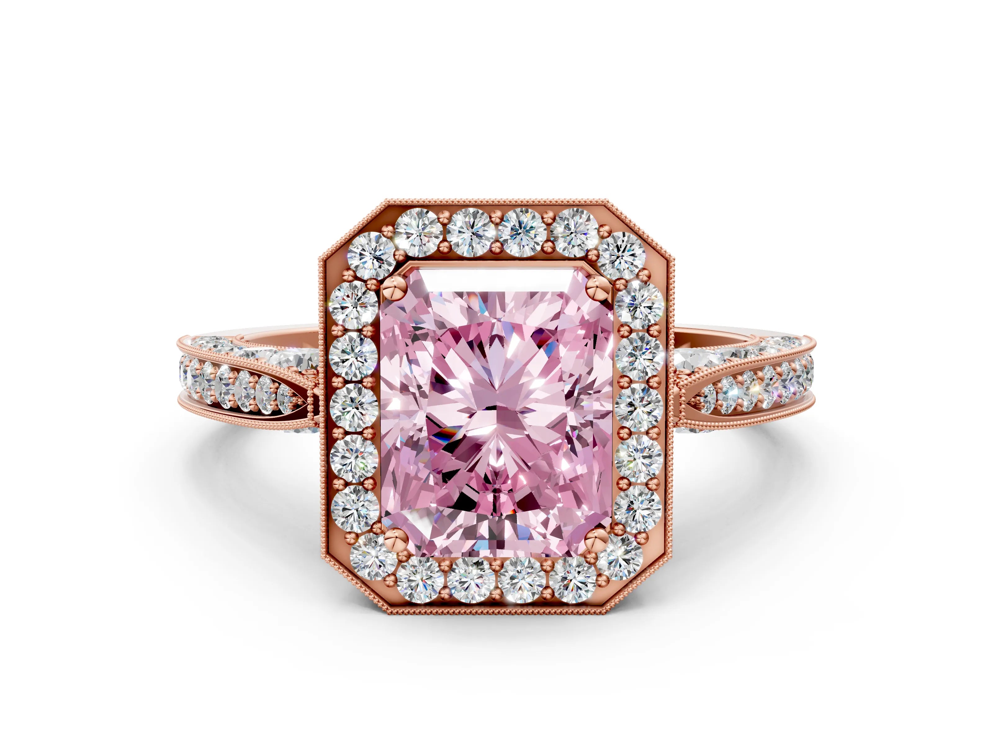 Rose gold Fancy Pink Radiant Cut Halo Diamond Engagement Ring with Split Shank Band and Four-Prong Setting