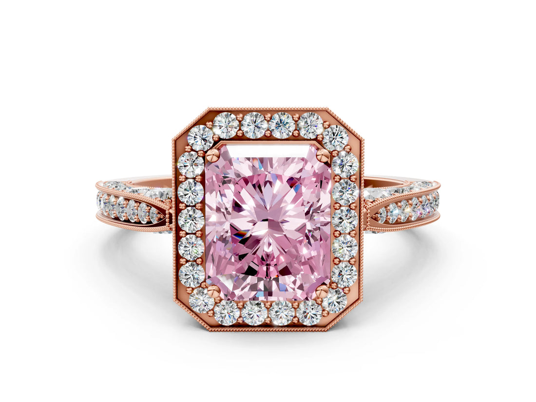 Rose gold Fancy Pink Radiant Cut Halo Diamond Engagement Ring with Split Shank Band and Four-Prong Setting