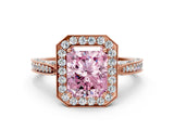 Rose gold Fancy Pink Radiant Cut Halo Diamond Engagement Ring with Split Shank Band and Four-Prong Setting